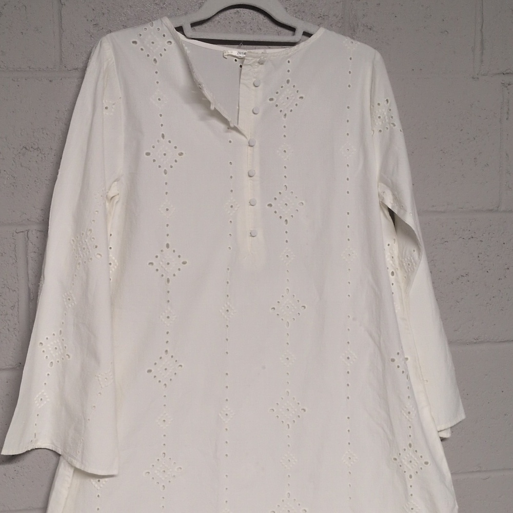ZARAHome Women's Off-White Eyelet Cotton Tunic Dress, XS, NWOT, Cottagecore - Picture 2 of 6